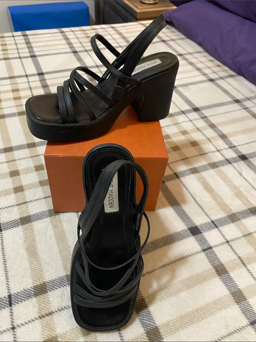 Steve Madden Black Strappy Platform Block Heel Mules